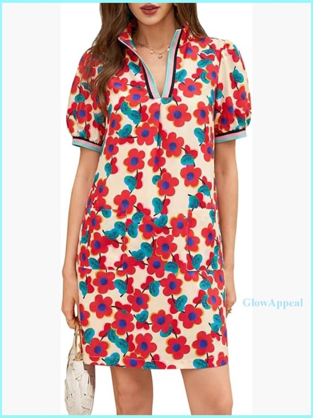 Summer Mini Dress Puff Sleeve Floral V Neck Loose Boho Beach A Line with Pockets